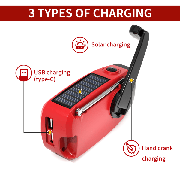 Dynamoradio med solceller, lommelykt og 2000mAh Powerbank