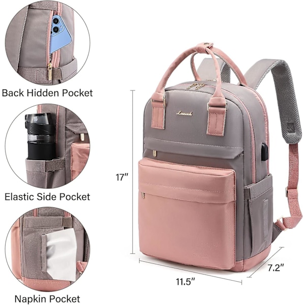 Dame Casual Rygsæk til 15,6 tommer Laptop, med USB Opladning, Tyverisikret Skole Rygsæk til Arbejde Rejse Universitet College, Grå Blå Pink and gray