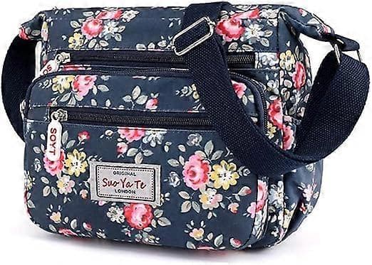 Dam Multi-Pocket Casual Crossbody Handväskor Vattentäta Axelväskor i Nylon (Blommig-blå)