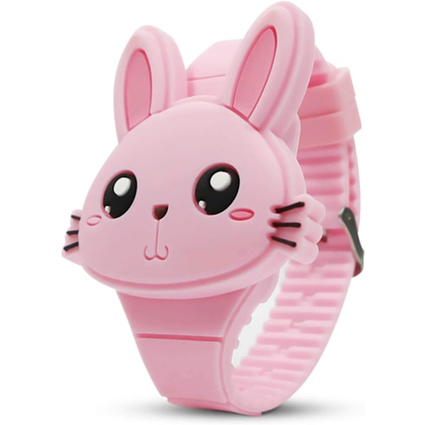 Søte digitale klokker for barn, søte kaninformede jenteklokker LED Fashion Silicone Animal Shape Clamshell Design Wrist Watch Jente Beste Gaver Rosa