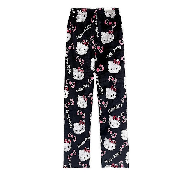 Kawaii Pyjamas til Kvinner og Jenter - Tegneserie Hello Kitty Trykk overalt - Flanell - Jul - Anime - Myke Sovebukser Pink Black M