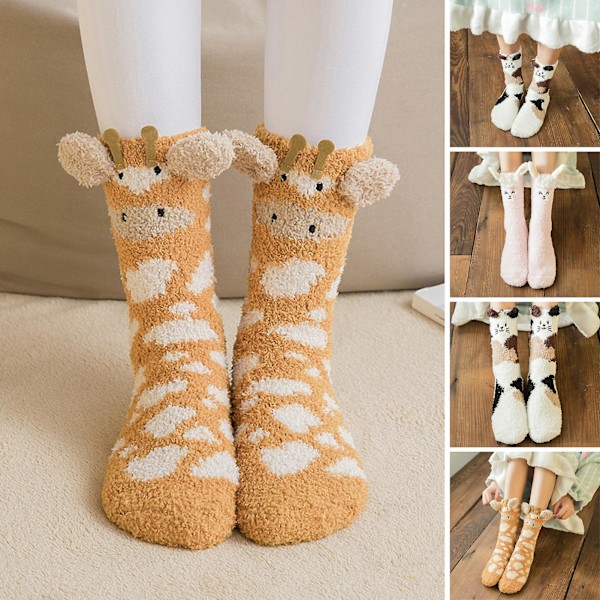 1 Par Vuxnastrumpor Cartoon Katt Kanin Alpacka Giraff Kyckling Fuzzy Fluffig Tjock Stretchy Håll Varma Korall Fleece Höst Vinter Golv Sovstrumpor White + Black One Size