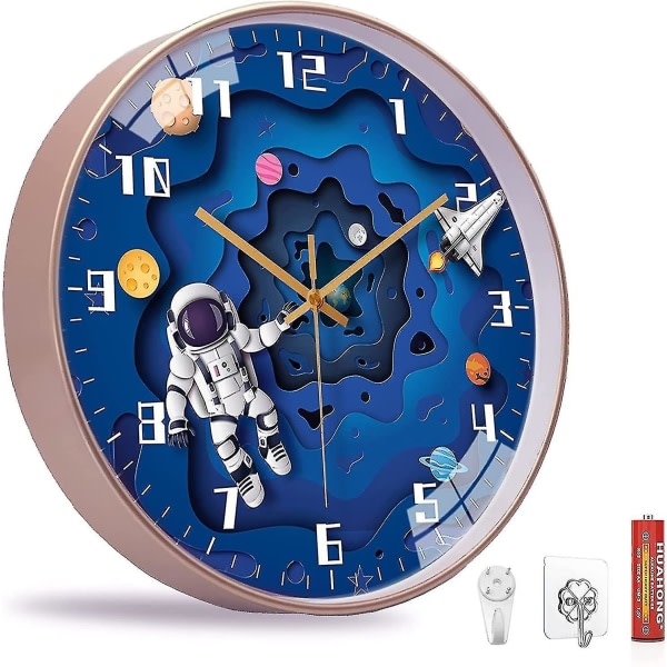 Väggklocka för barnrum, tyst vardagsrum, kreativ universum planet, astronautklocka, rymdklocka, väggklocka, enkel klocka