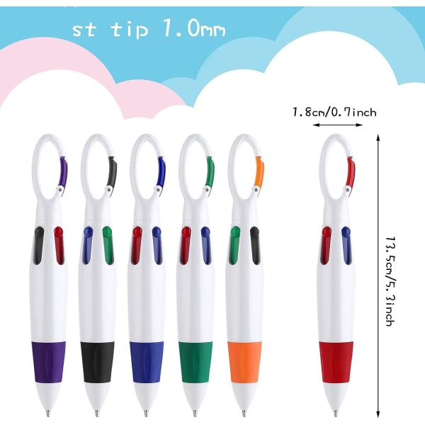 6 st Retractable Shuttle-pennor med karbinhake, 4-i-1 kulspetspennor flerfärgade pennor med spänne nyckelring på toppen