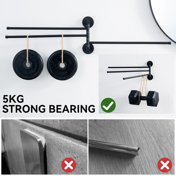 Svingbart håndklestativ - Svart - Rustfritt stål - 3 x 40 cm stenger - 180° roterende - Lim/boring installasjon