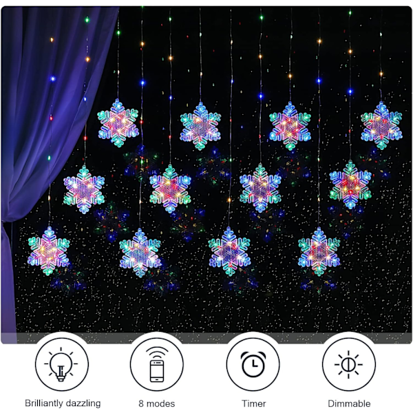 Julgardiner med lampor, USB LED-ljusslingor för inredning färgglad färgglad Schneeflocken - 3m