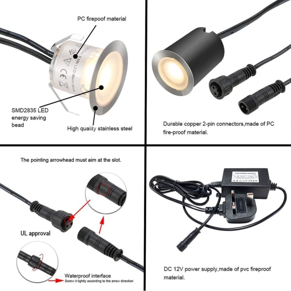 16 kpl ulkoseinään upotettavat LED-valonheittimet, IP67-vedenkestävä, Ø 32 mm, upotettavat valonheittimet terassille, uima-altaalle, puutarhaan (EU-pistokkeella, lämmin valkoinen, 2800k)