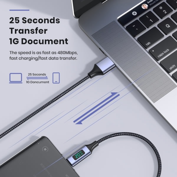 PD 20W USB-USB C -kaapeli, 3.0A pikalataus USB C -kaapeli LED-näytöllä, nailonista valmistettu Type C -kaapeli kannettaville puhelimille
