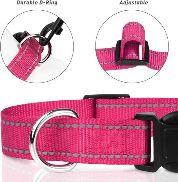 Hundehalsbånd, justerbart klassisk reflekterende nylonhalsbånd egnet for små hunder, lys rosa, 2,0 cm bredde, S, 30-40 cm
