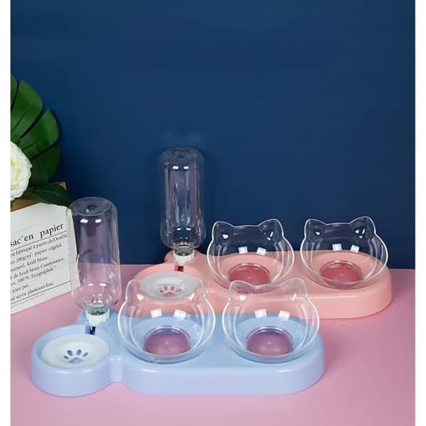 Dubbel 3-i-1 kattskål – skål, mat- och vattendispenser, 15° lutning, PP, Rosa