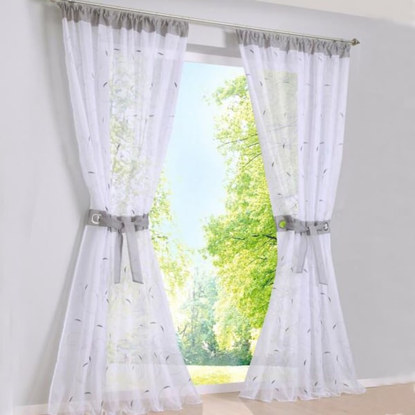 Set med 2 Broderade Löv Gardiner Muslin Tulle Dörr Fönster Gardiner Balkong Draperier för Vardagsrum, Bredd 140cm, Grå 001#, Höjd 225cm
