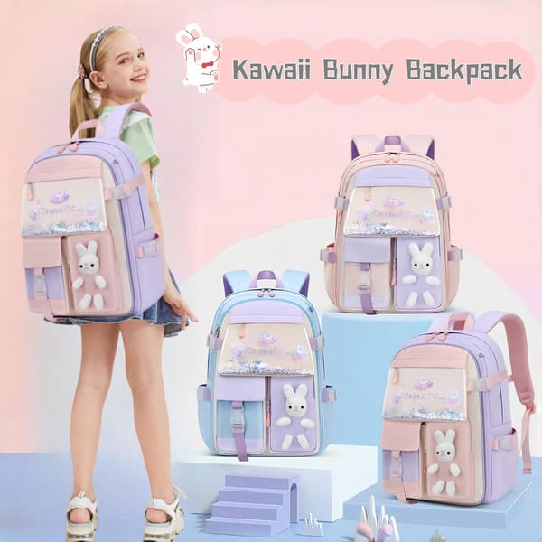 Kawaii Kanin Primära Flickor Ryggsäckar Grundskoleväskor Bokväskor med Kylskåpsficka Fram, Lila-Stor