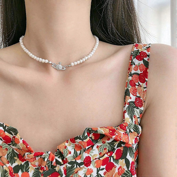 Strass Faux Planet Saturnus Pärlhalsband för Kvinnor Smycken, Falsk Pärlkrage Hänge ett Halsband Män med Charm för Flickor Y2k Smycken Damer Silver