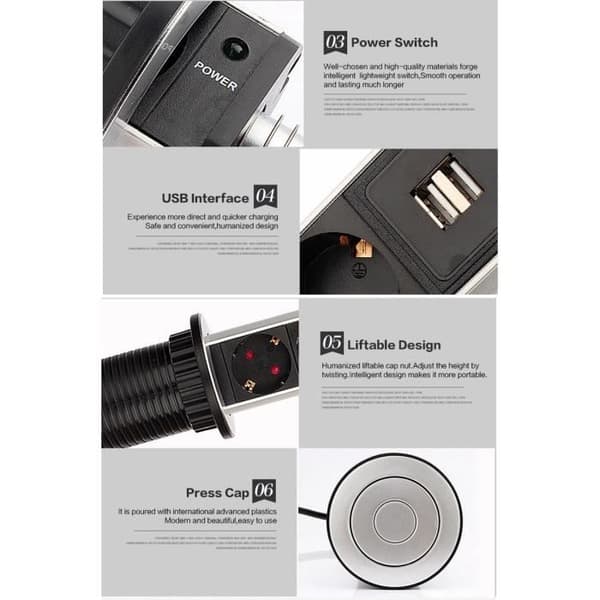 Uttrekkbar strømskinne med 4 uttak + 2 USB-ladere