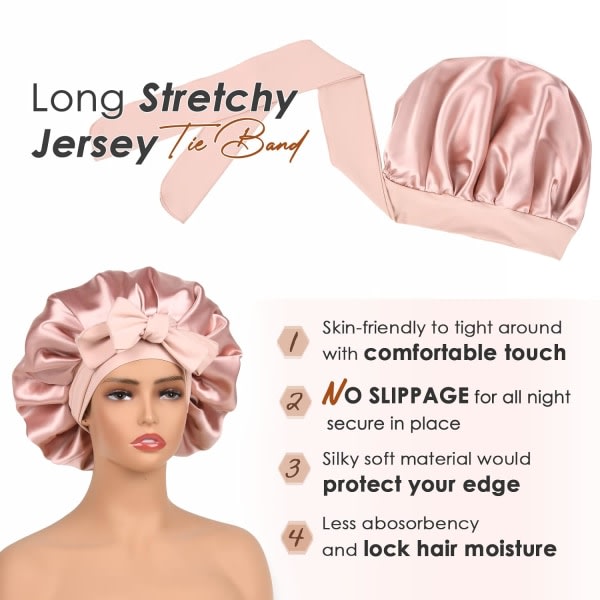 Satängmössa Sidenmössa för sömn Dubbellagersatinfodrad hårmössa med knythuvar för kvinnor Naturligt lockigt hår pink