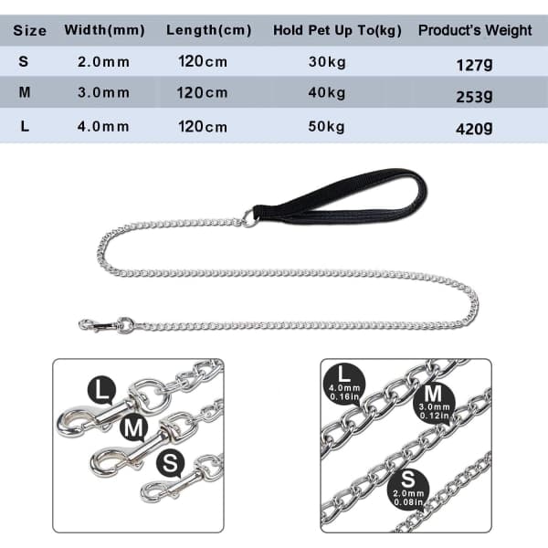 S-leash hundekæde (120cm) stål snor metal hund solid PU læder