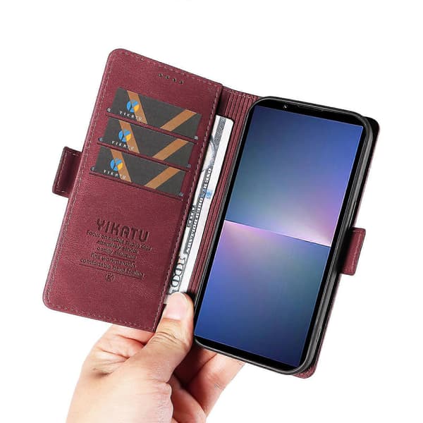 För Sony Xperia 5 V Läder Telefonfodral Vikbart Ställ Plånboksfodral Wine Red