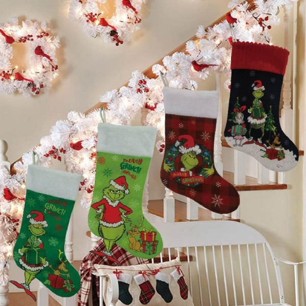 Grinch Julstrumpor Set om 4, Grinch Monster Julgåväska, Rolig Julspis Hängande