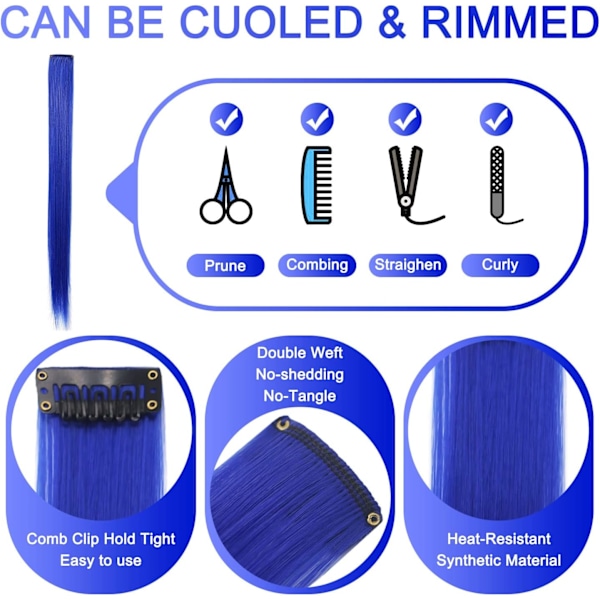 9PCS 21\" Fargede Clip-in Hårextensions Blå Hårextensions Clip-in Jenter Blå Hårclips Hårextensions for Kvinnefest Høydepunkter (Blå)