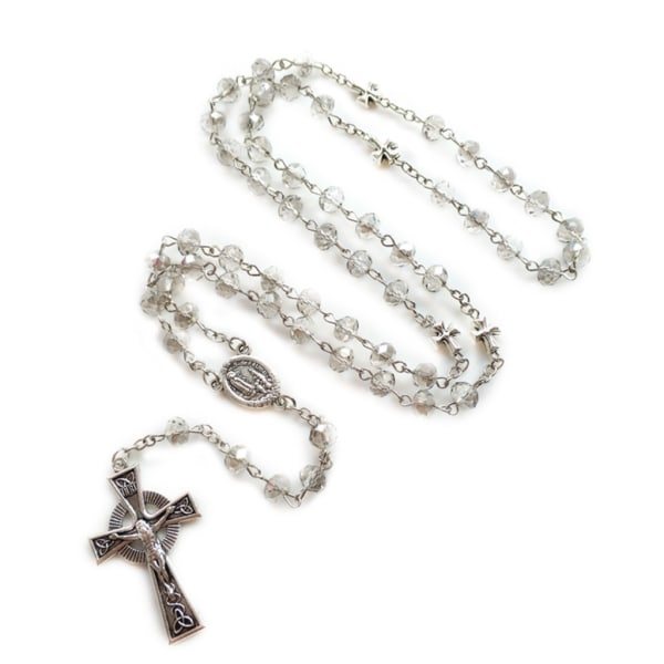 Grå kristall radband halsband långt korshänge kvinnor pärlor religiösa smycken