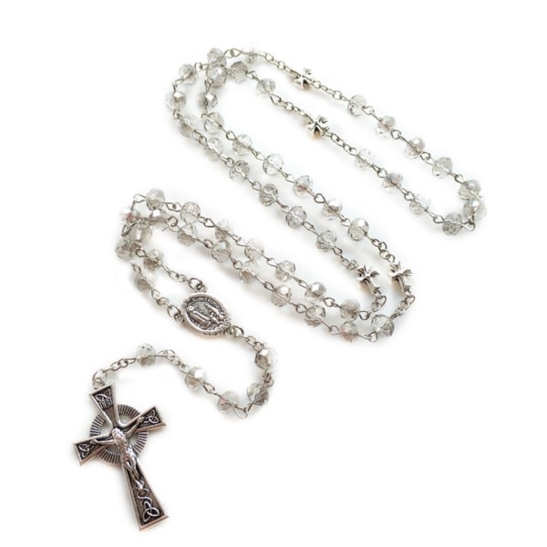 Grå krystall rosenkrans halskjede lang kors anheng kvinner beaded religiøse smykker