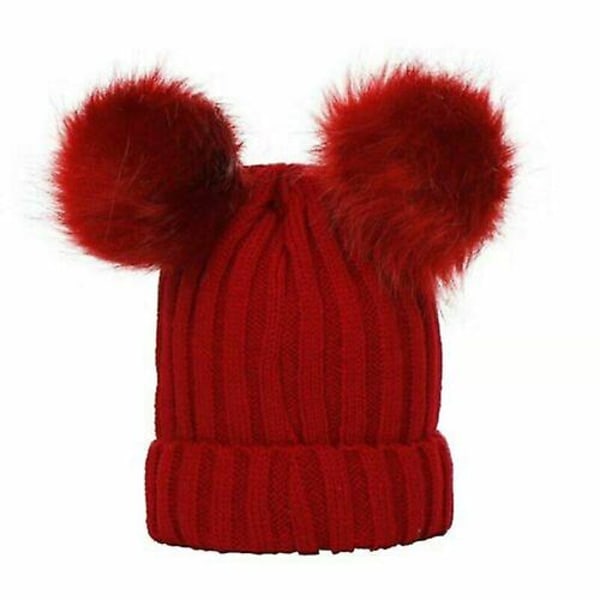 Nyfödd Baby Pojkflicka Dubbel Päls Pom Pom Hatt Vinter Varm Stickad Bobble Beanie Wine Red Adult