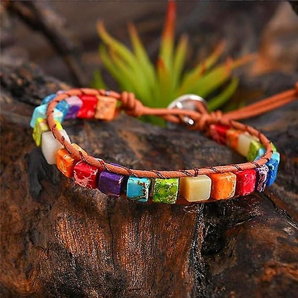 Chakraarmband för kvinnor med äkta stenar Läderlindat helande pärlarmband Kvinnor Män Boho Vänskapsmycken