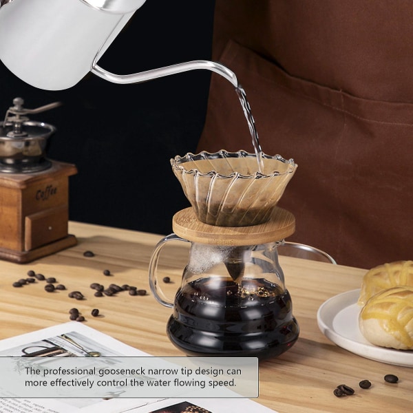 Kaffekjele, rustfritt stål gåsehals vannkoker Mini 350ml lang smal tut Hånddrypp kaffe tekanne med lokk for hjemmekontor[sølv]