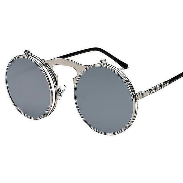 Herr Unisex Solglasögon Uppfällbara Linser Runda Glasögon Silver Frame White Lenses