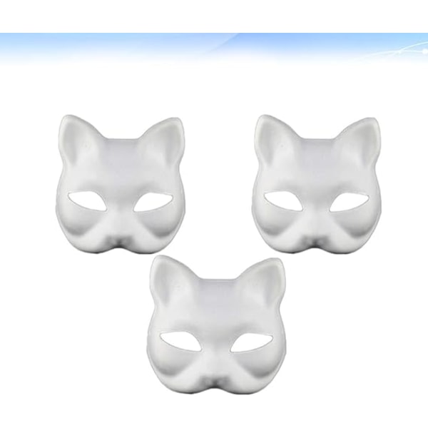 3 stk hvite, enkle DIY ubemalte kattehalvmasker - Dyremasker for karneval, dans, cosplay, fest og kostymefest