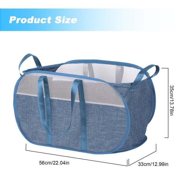 Popup-mesh-tøyskurv Stor sammenleggbar mesh-tøykurv, lett nettingkurv med håndtak til skitten klær (blå)