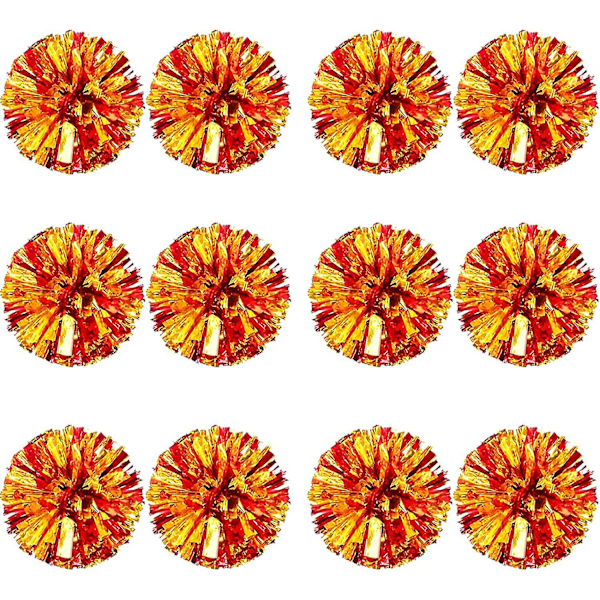 12 stk Cheerleading Pom Poms for Barn, Metallisk Folie & Plast Ring Cheer Pom Poms for Gutter Large Red Gold