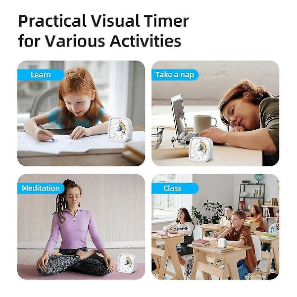 60-minuters visuell timer med nattlampa, nedräkningstimer, Pomodoro-timer med regnbågsmönster för barn och vuxna, vit
