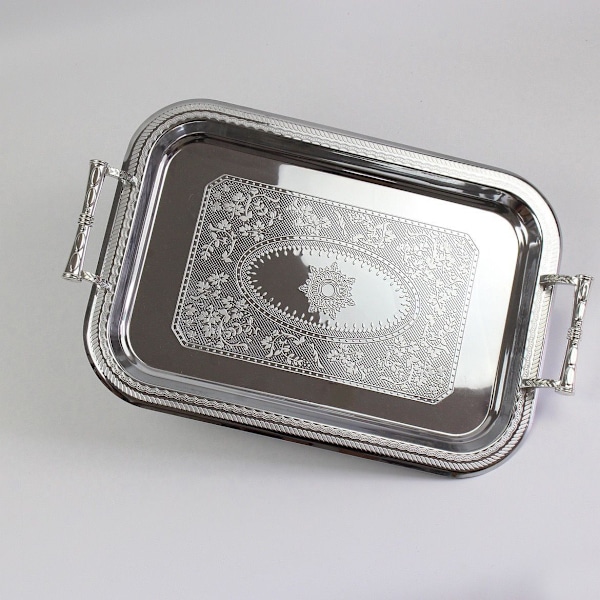 Nordisk Serveringsbricka i Rostfritt Stål med Handtag Elegant Rektangulär Kaffe Bar Mat Hållare Dessert Display Tallrik Dekor Silver L