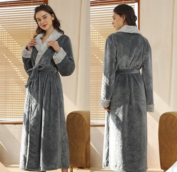 Lång pyjamas för dam med bälte, mjuk och len grå M