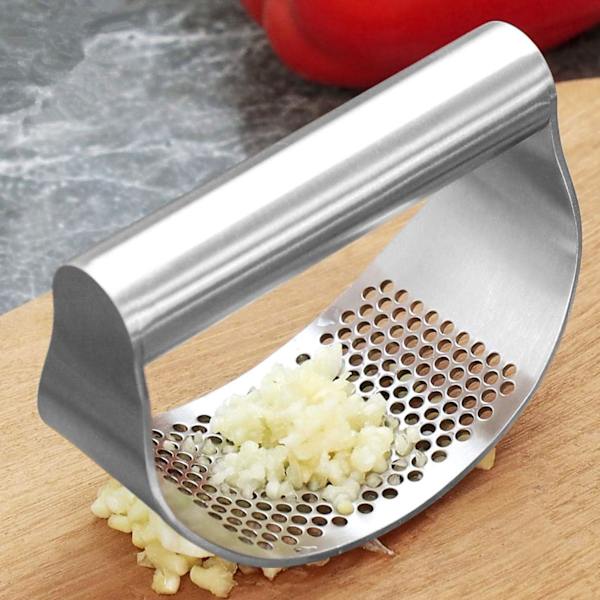 Hvidløgs- og ingefærpresser, køkkenudstyr 430 rustfrit stålkværn til hvidløg og ingefær, silikonehvidløgsskræller 2 stk.