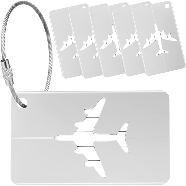 Bagagelappar för resväskor, 6-packs bagageetiketter Resväskeetiketter i aluminiumlegering med stålögla för resbagage-ID-etiketter (silver)