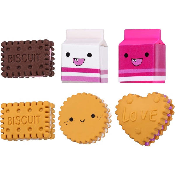 6 kpl 3D Cute Erasers Biscuit Milk Pencil Eraser lelu opiskelijoille, lapsille, koulutarvikkeet, pelipalkinnot syntymäpäivälahjat juhlasuosikki lapsille