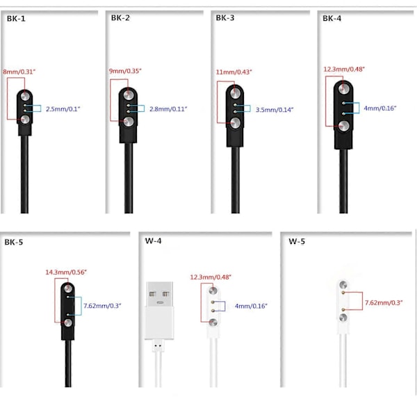2-stifts Stark Magnetisk Laddningskabel Laddningslina för Smartklocka Universal Black 2.8mm 9mm