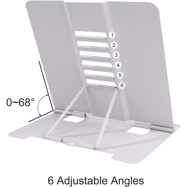 Bokstativ, kokeboklesestativholder med 6 justerbare vinkler og papirklips, robuste metalldisplaystativer for oppskrift, lærebok (hvit)