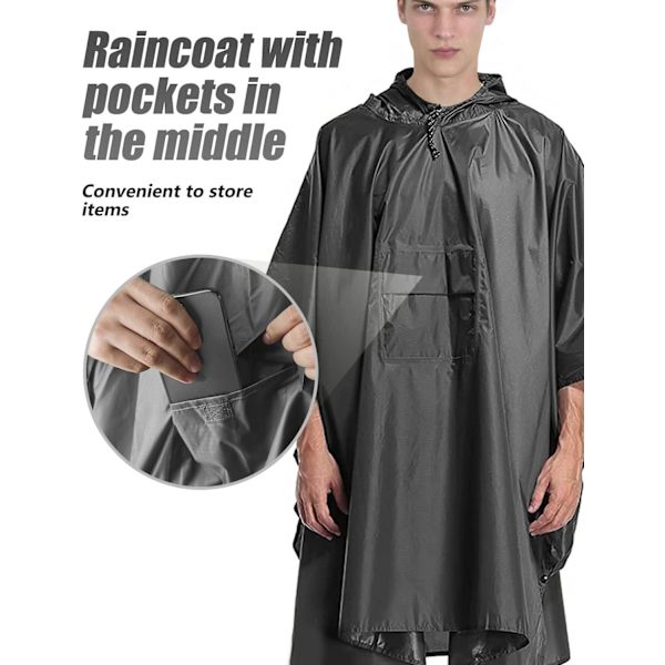 Vandtæt poncho til voksne, genanvendelig regnslag til voksne, vandtæt poncho til voksne, let vandtæt regnfrakke til udendørs vandreture (GRÅ)