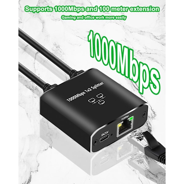Ethernet-splitter, RJ45 Ethernet-splitter 1 til 2, 1000 Mbps LAN-splitter, Plug and Play, kompatibel med Cat5, Cat5e, Cat6/7/8-kabel