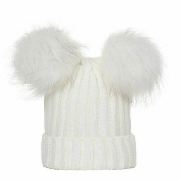 Vastasyntyneen vauvan pojan ja tytön kaksinkertainen turkispompon hattu, talvinen lämmin neulottu bobble-pipo White Adult
