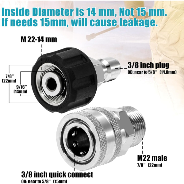 4-pak trykvaske adapter M22 14mm til M22 rustfrit stål, 5000 PSI