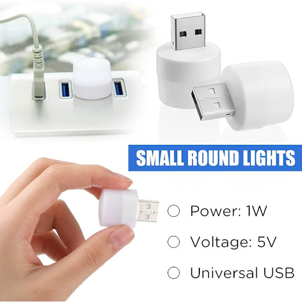 24 stk. USB natlys Mini lys Kompakt lampe Lille rund hvid natlys Bærbar LED atmosfære Stik til børns soveværelse Gang Køkken