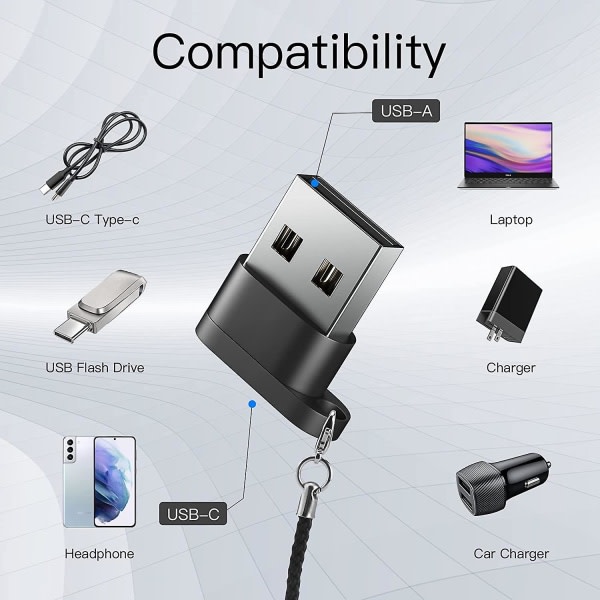 USB C till USB-adapter, USB-hane till USB C-hona, svart [2-pack], bärbar USB C stöder snabbladdning och dataöverföring