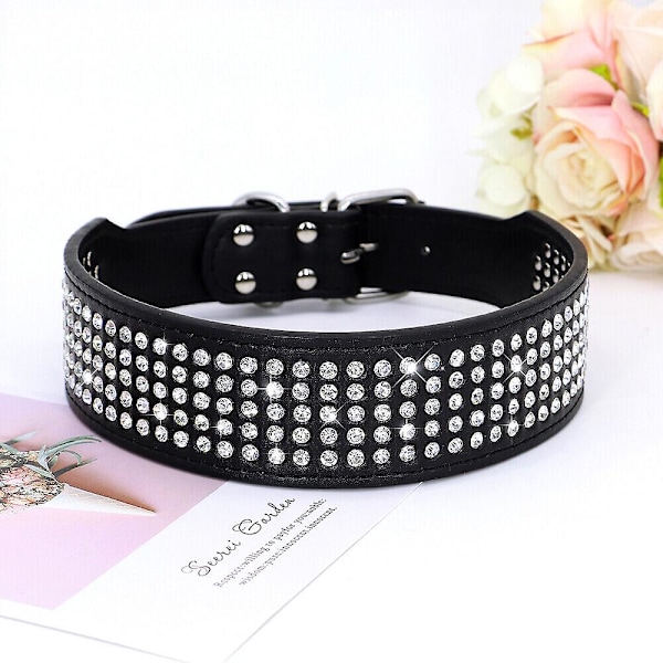 5 Rækker Rhinestone PU Læder Hundehalsbånd Diamant Bling til Store Hunde 2.0\" bred XL:Neck 48-55cm Black