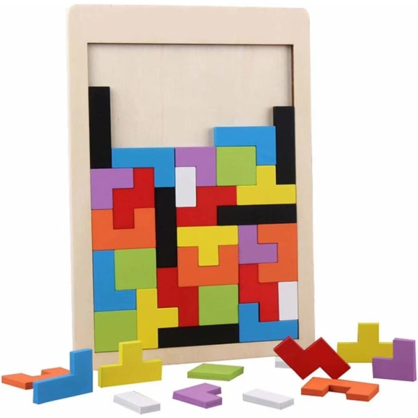 Trä Tetris Pussel, 40 st Trä Pusselspel, Barnens Intelligensleksak, Pusselbox Hjärnspel Byggsten Pedagogisk Present till Pojkar Flickor Barn