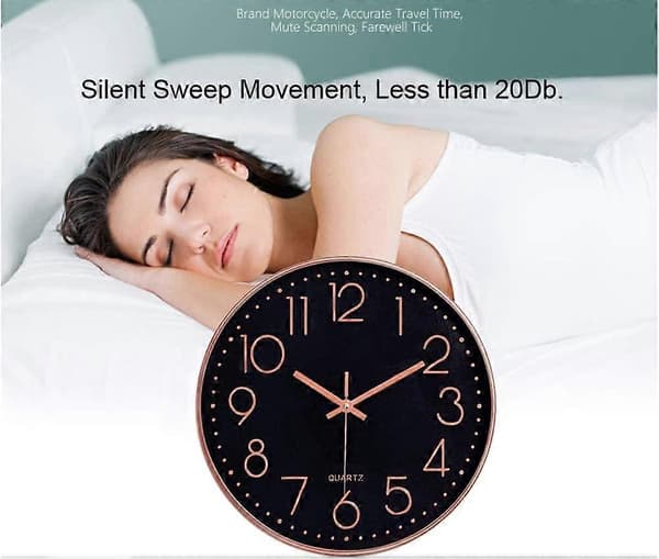 Tyst Väggklocka 30 cm Köksklocka Kvarts Batteridriven Rund Modern Heminredningsklocka för Kontor Klassrum Vardagsrum Sovrum Black-rose Gold
