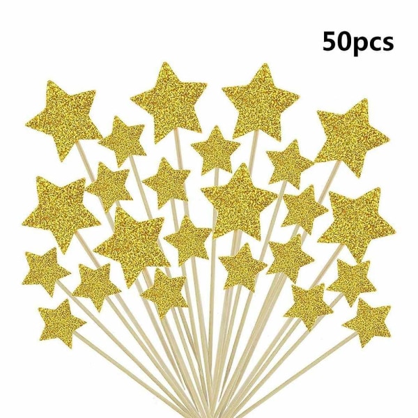 Set med 50 st Twinkle Twinkle Little Star Cupcake Toppers Glitter Guld